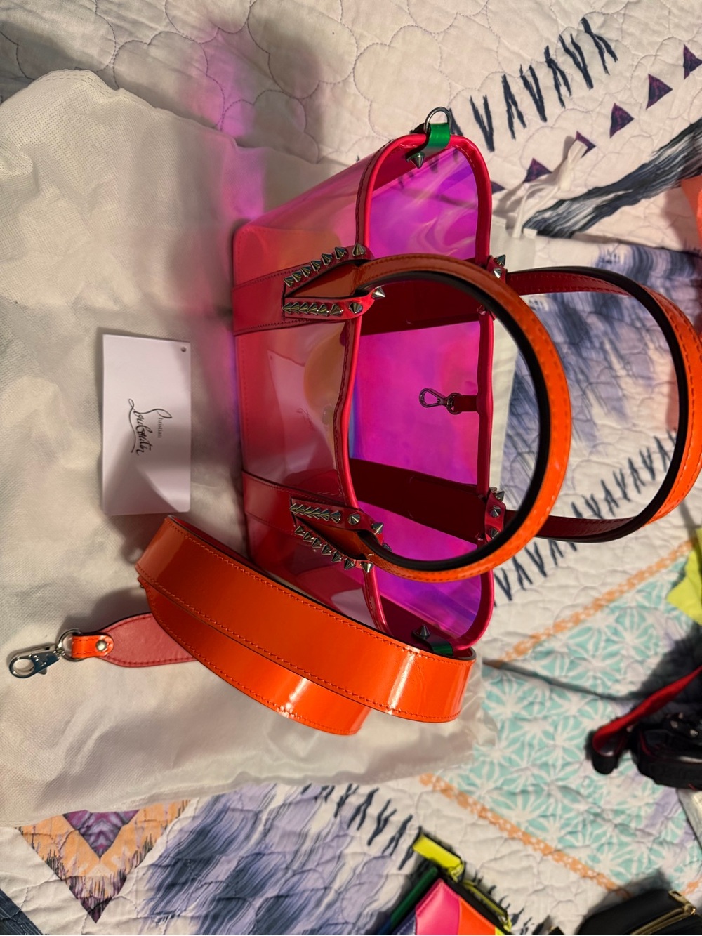 Christian Louboutin Iridescent Pink and Orange Tote with Studded Trim - Picture 9 of 14